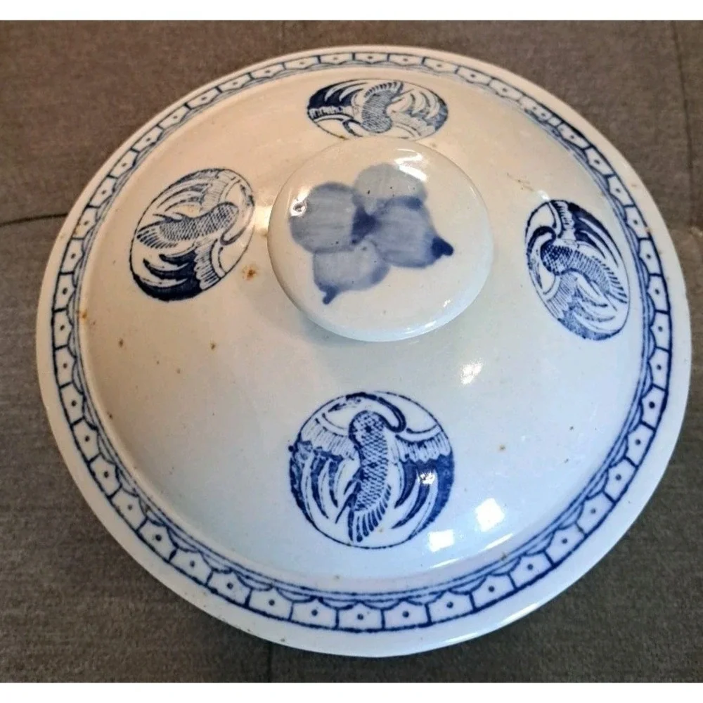 Vintage Chinese Blue & White Crane Motif Porcelain Rice Bowl w/Lid